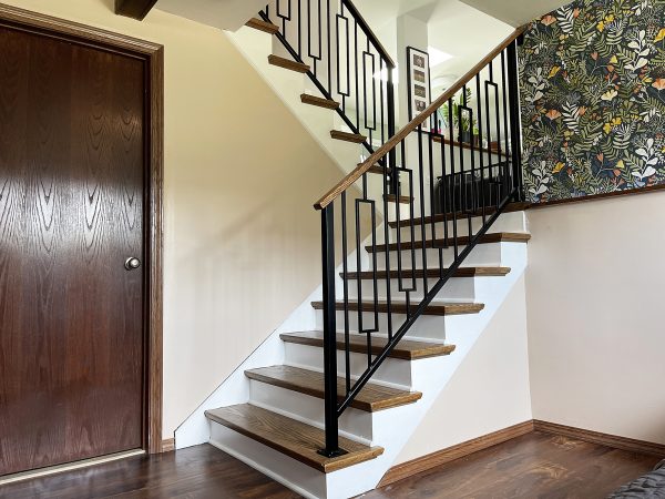 Interior railings with rectangular balusters and wood top