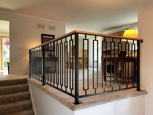 Interior decorative railing with custom rectangles and wood top | Best Chicago Railings