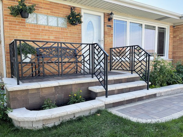 Custom geometric railing for exterior front steps | Best Chicago Railings
