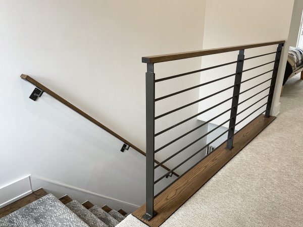 Interior horizontal railing with flat plate posts and wood cap | Best Chicago Railings