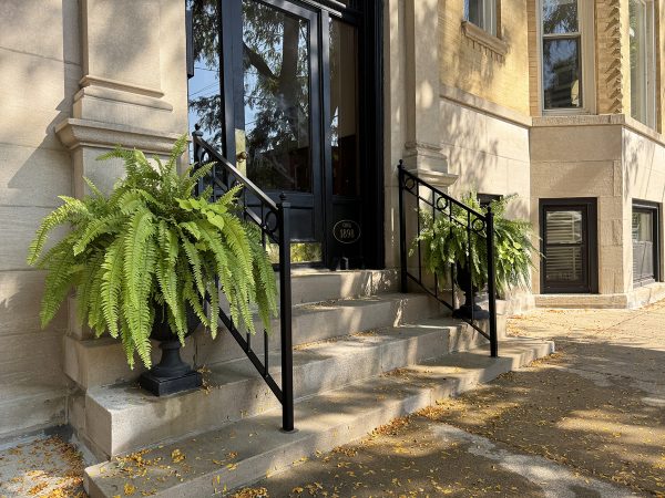 Elegant entryway railing featuring ornamental rings and a structured handrail.