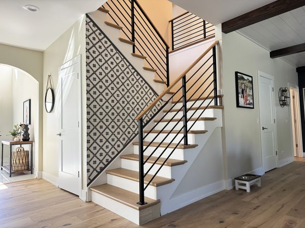 Interior slim rod horizontal railings with wood top